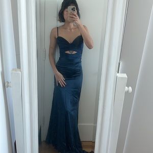 SET michael lo sordo silk navy cut out high slit crop top skirt set